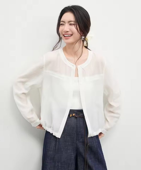 SENTUBILA 女士宽松莱赛尔纤维衬衫 2026 春夏款 圆领长袖抽绳透视休闲上衣 161WB5014